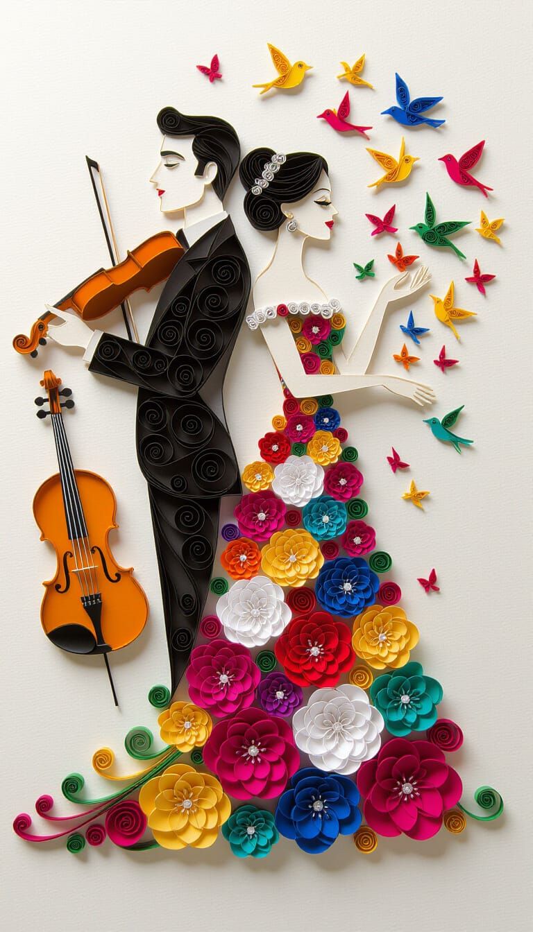 Paper-Quilled Couple Surrounded by Spiraled Art