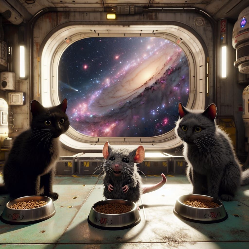 Felines and Furry Friend Enjoy Meal in Futuristic Space Stat...