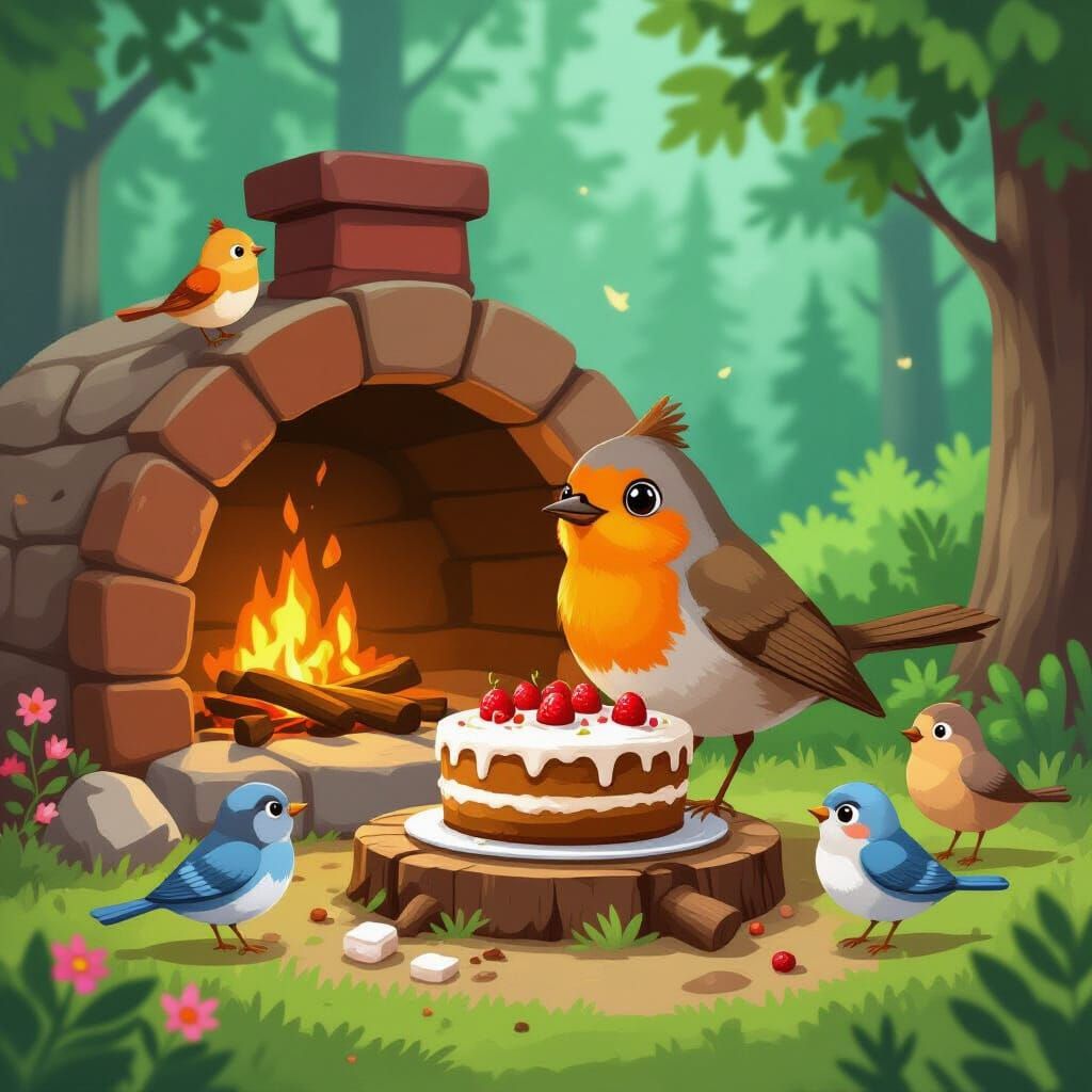 Robin Bakes Cake in Forest Oven: Cartoon 8k