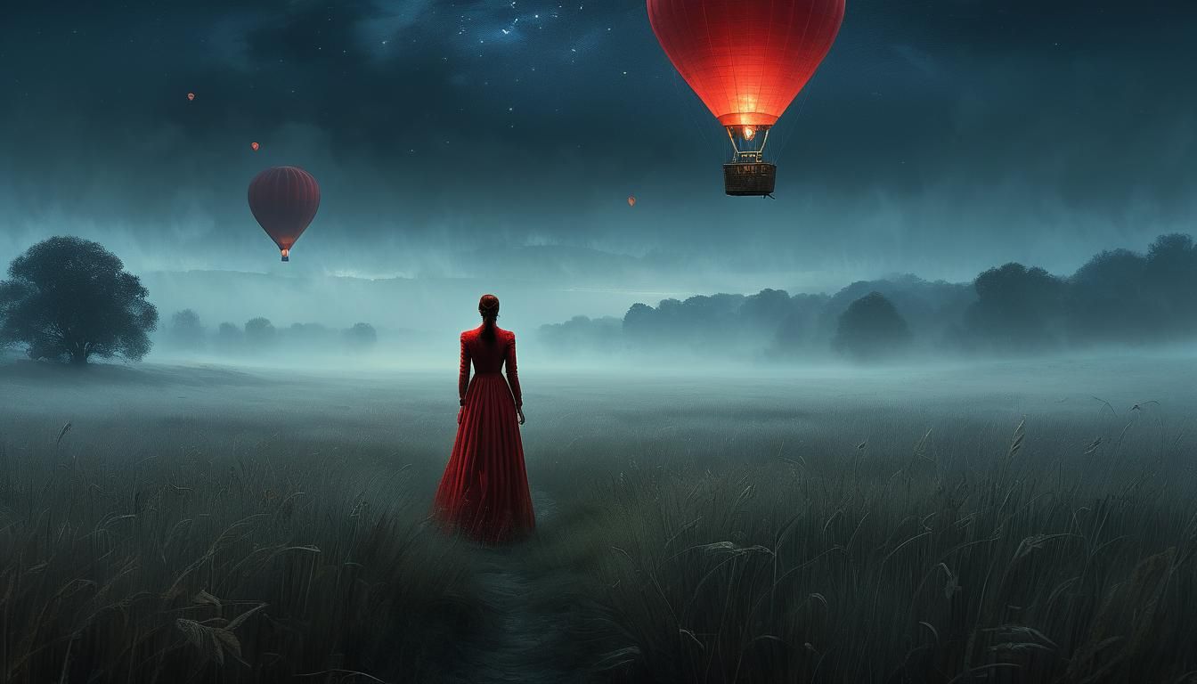 Girl in Red Dress Watching Hot Air Balloon