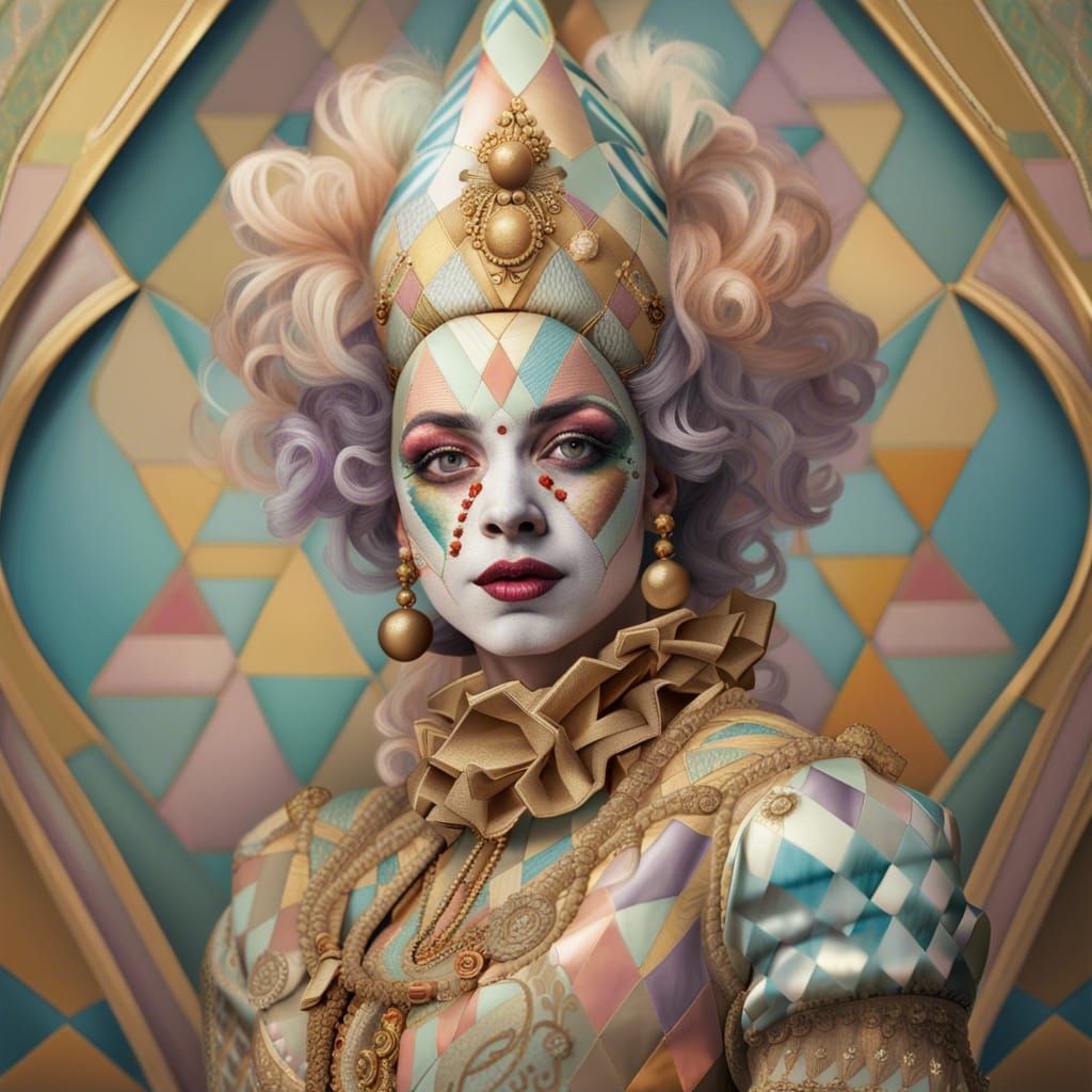 Venetian Harlequin Clown Portrait with Gold Embellishments