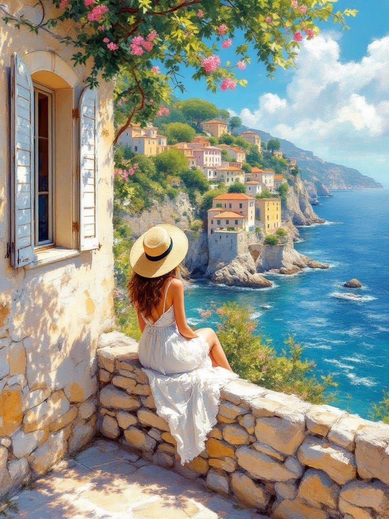 Woman in Summer Dress Gazing at Italian Sea View