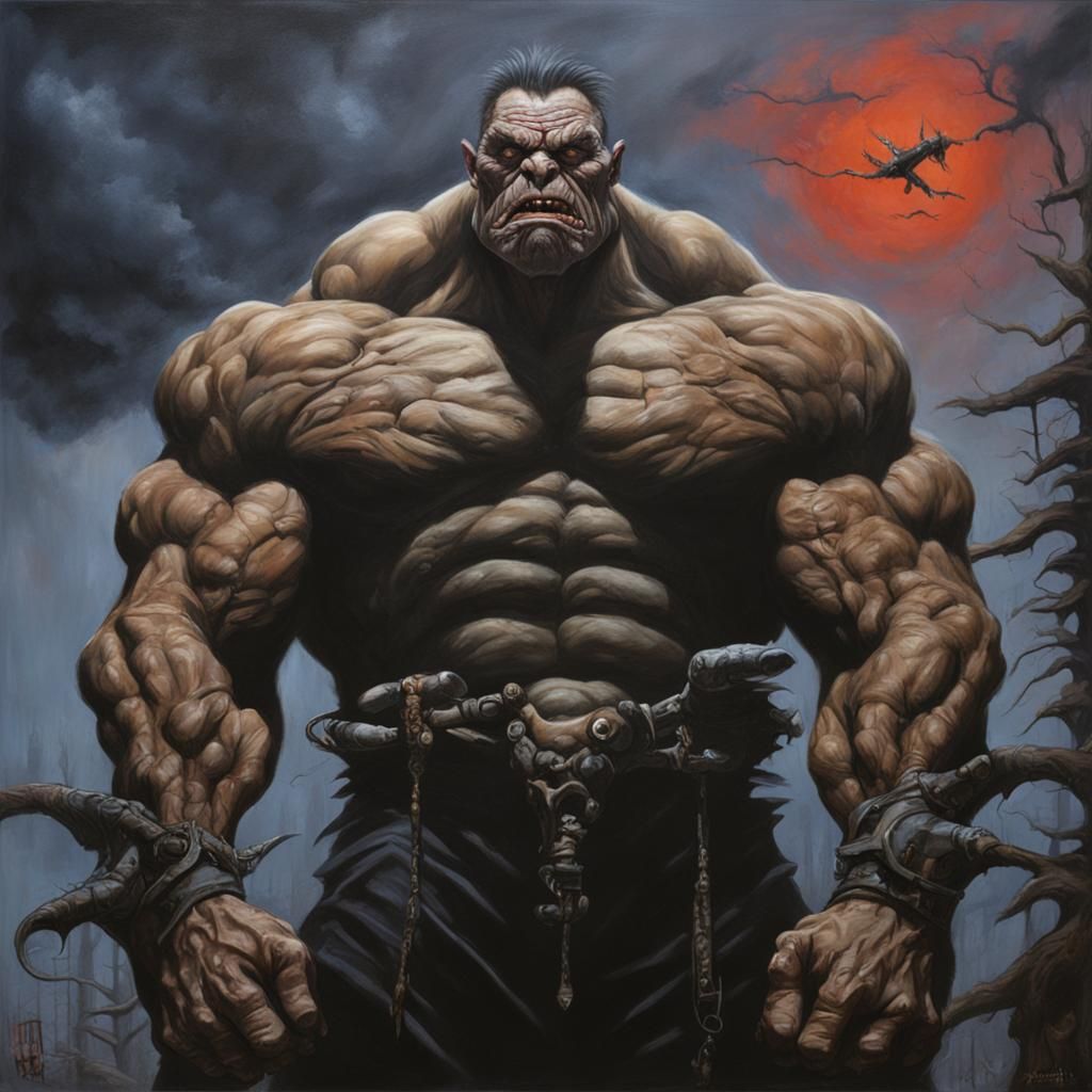 Unmedicated (insane:1.2),
Uncouth (fiend:1.5),gargantuan (muscular:1.3).
"8k resolution concept art, Jim Burns, Gerald ...