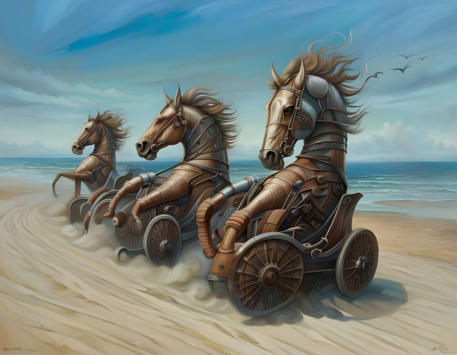 Biomechanical Horses Racing on a Beach