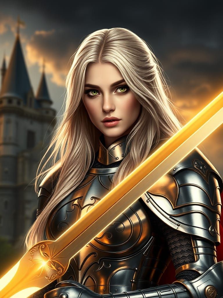 Female Paladin in Shining Armor with Holy Sword
