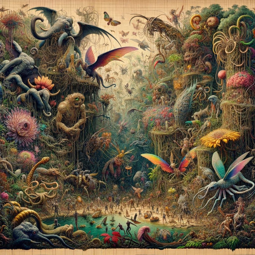 Magical Jungle Scene with Diverse Creatures on Ancient Papyr...