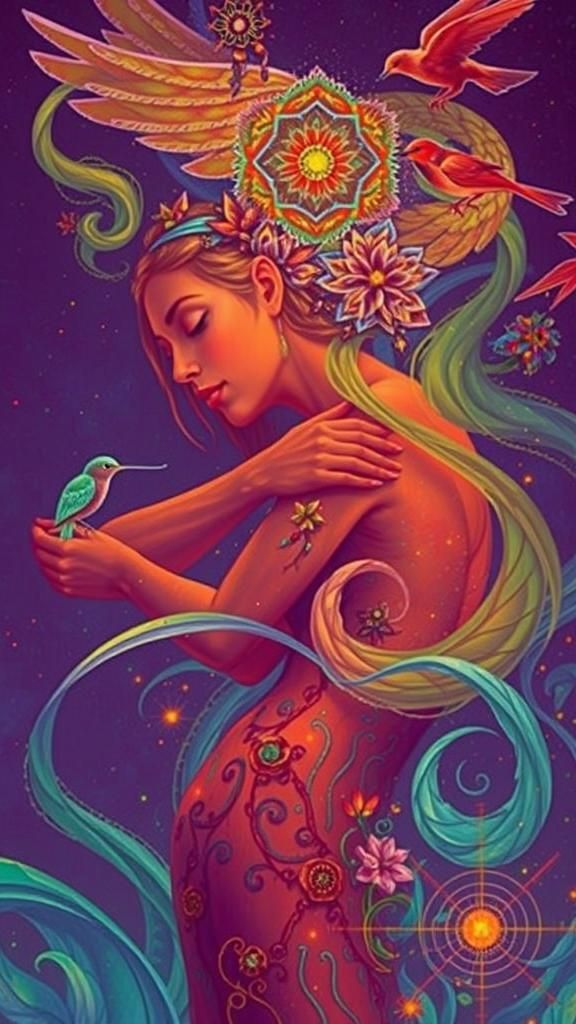 Celestial Women with Birds and Flowers in Neon Lighting