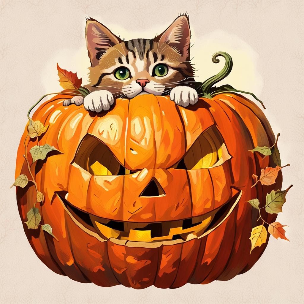 Kitten in Pumpkin: Whimsical Folk Art Illustration