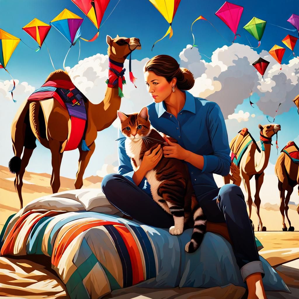 Hyperrealistic Scene with Kites, Cats, and Camels