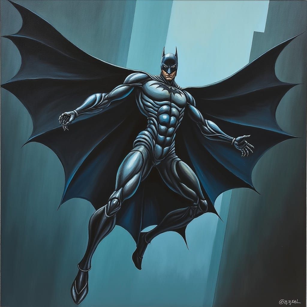 Batman in Metal Armor Soaring Through Gotham