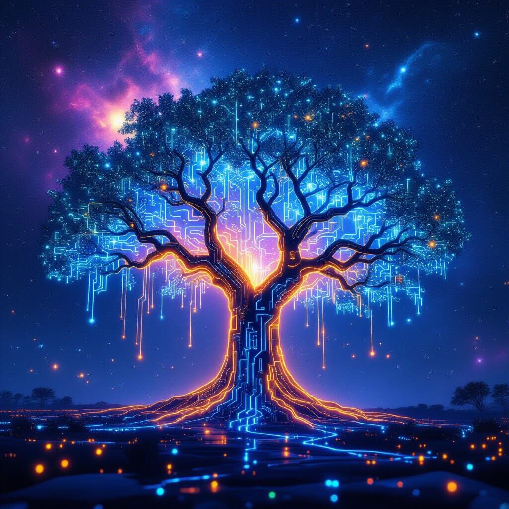 Bioluminescent Circuit Tree in Cosmic Nebula