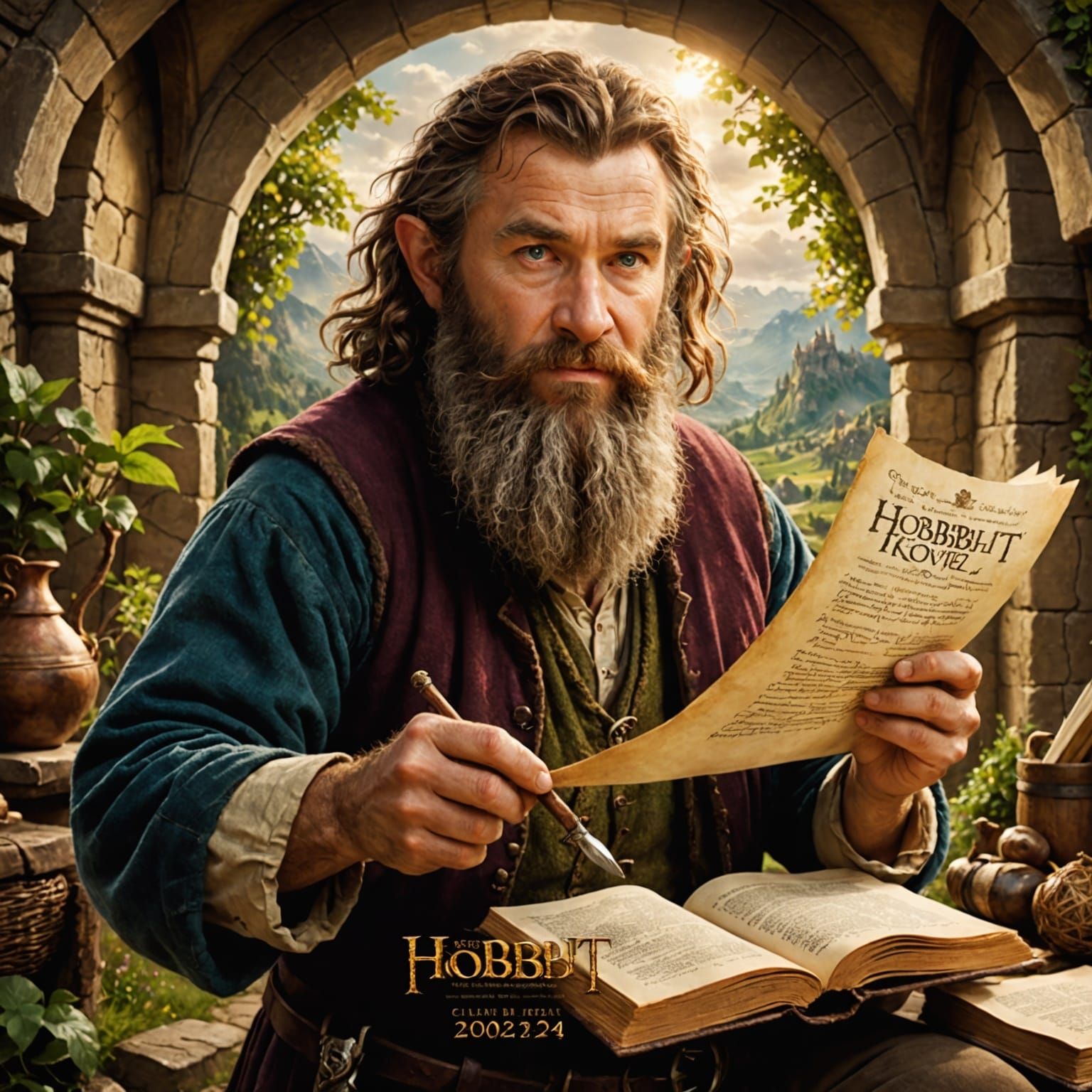 A Bearded Hobbit Studies Ancient Scroll in Summer Movie Wage...
