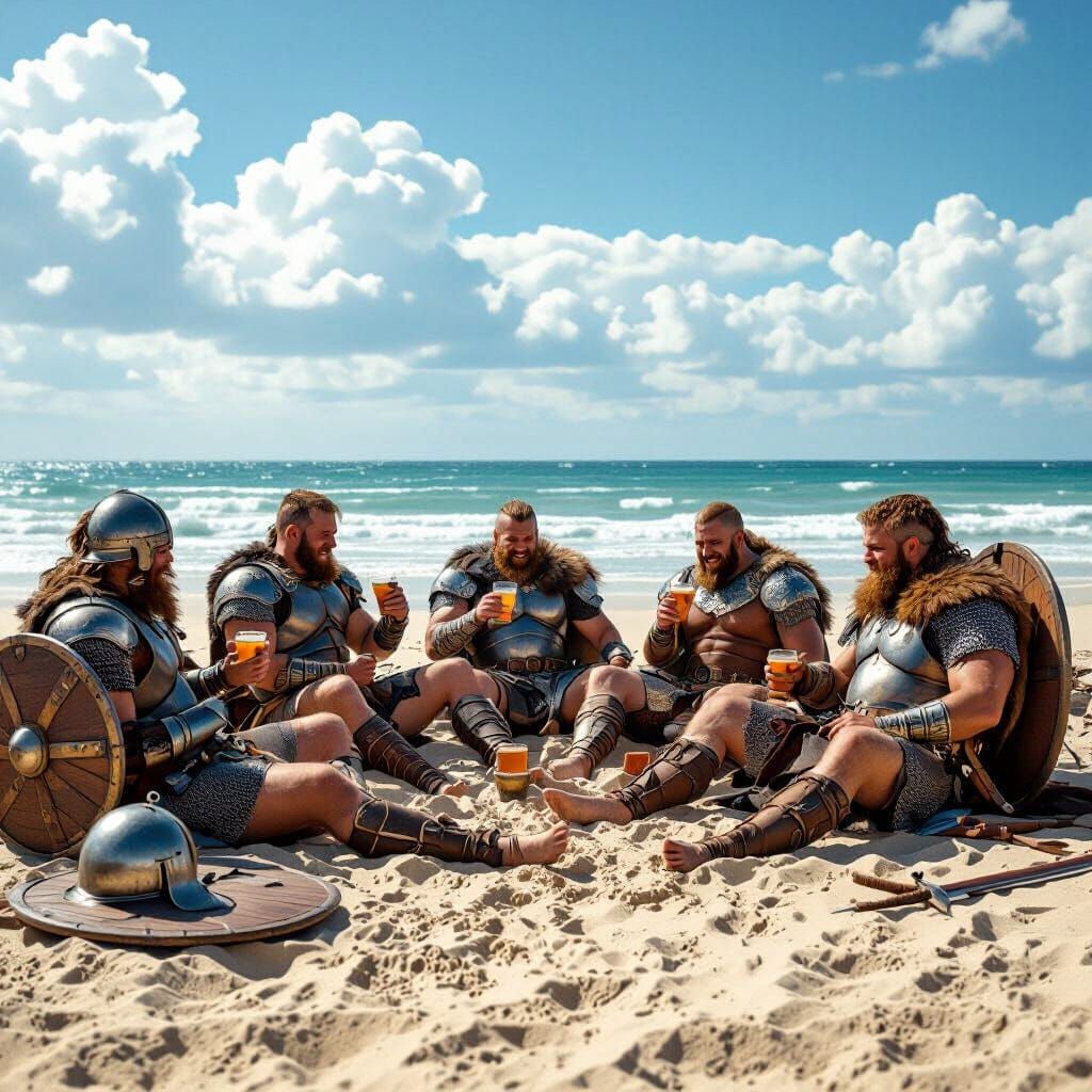 Saxon Warriors Relaxing on a Sunny Beach