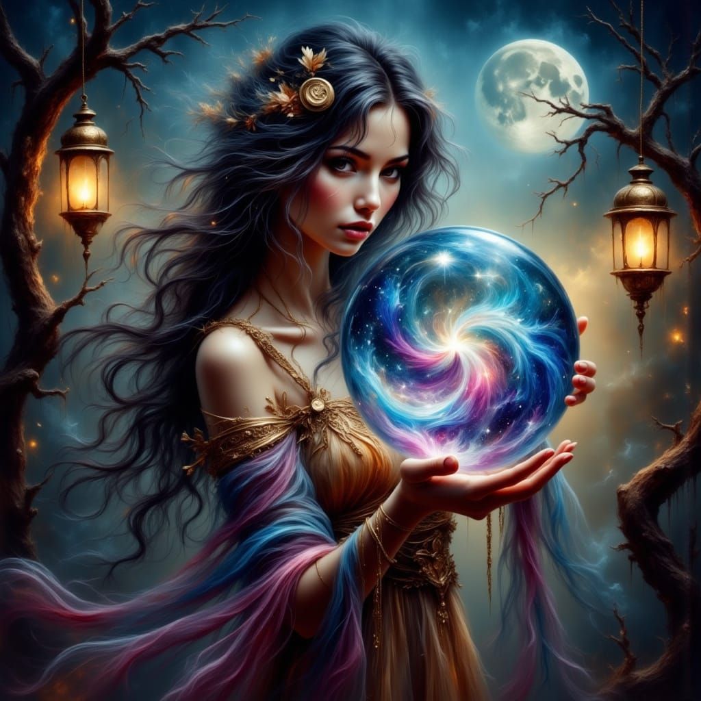 Gypsy Woman with Crystal Ball Under Twilight Sky