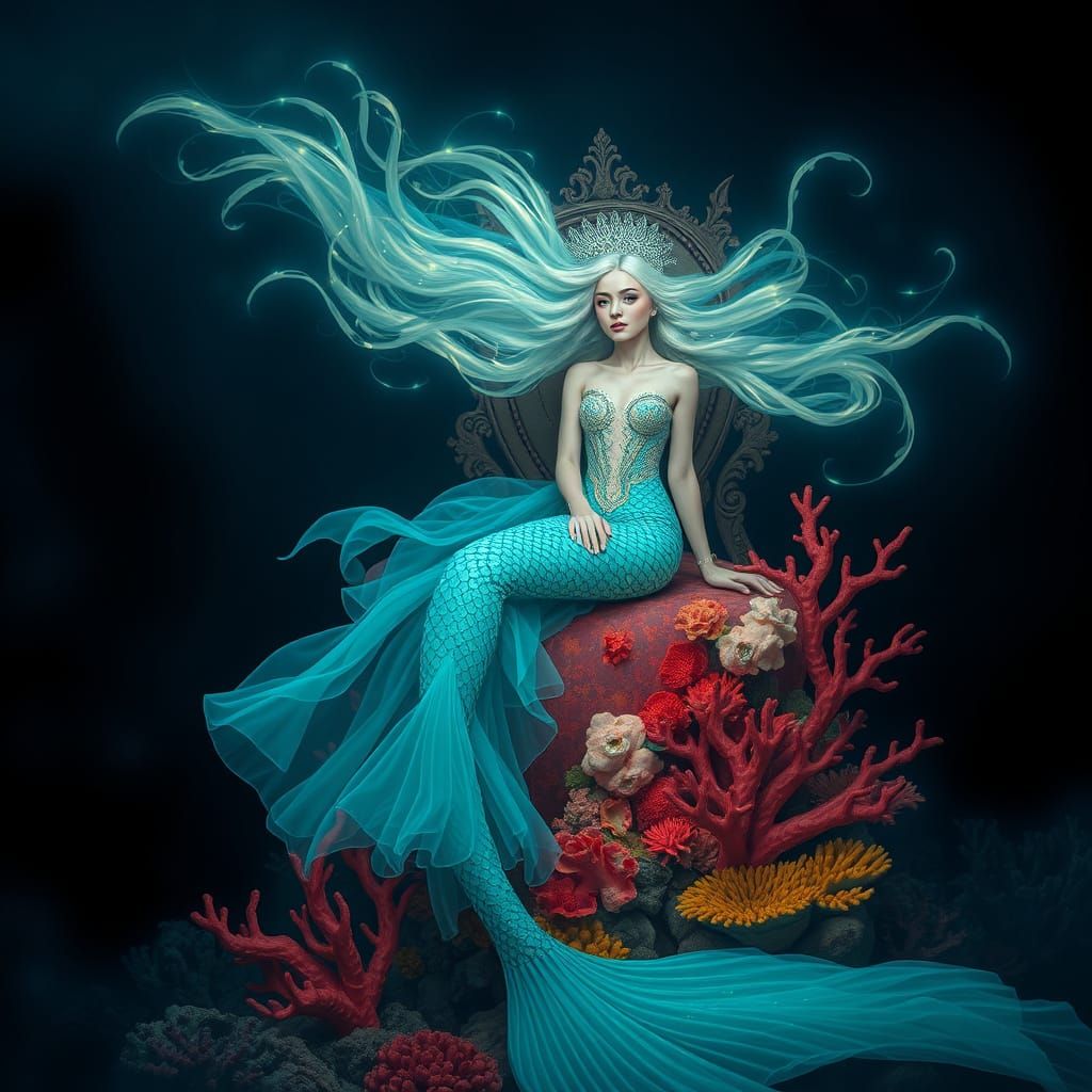 Bioluminescent Mermaid Queen on Coral Throne