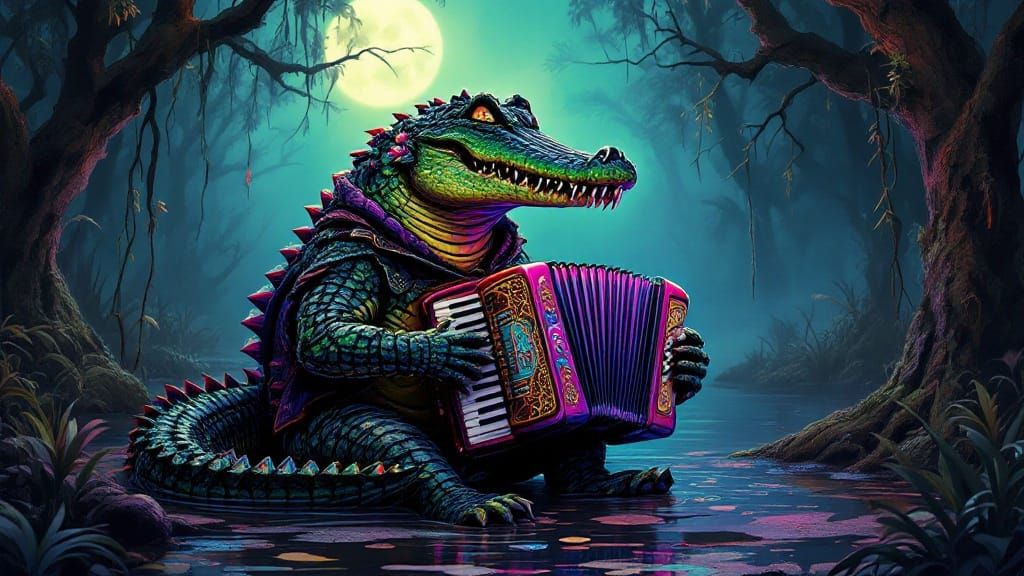 Crocodile Plays Accordion in Moonlit Swamp