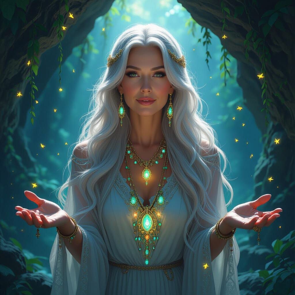 Opalescent Woman in Firefly Grotto: Art Nouveau Portrait