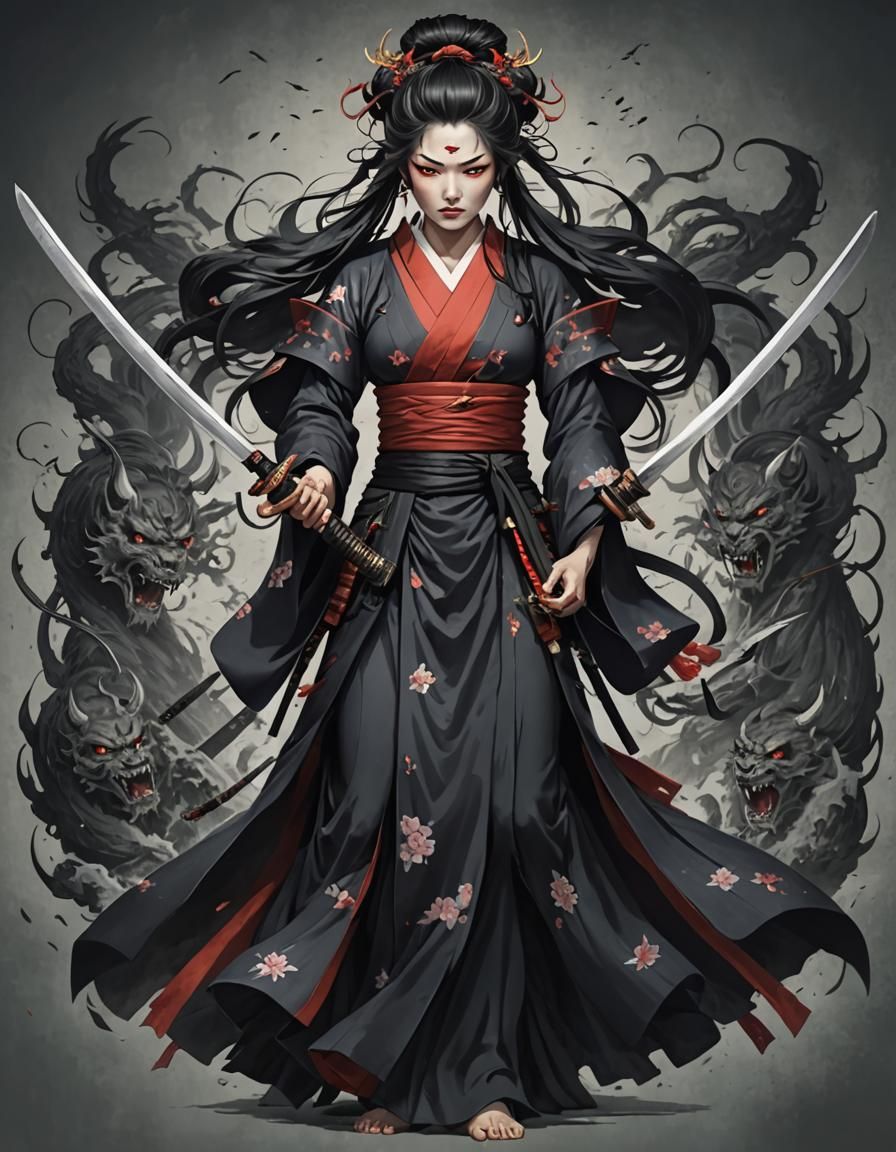 Wrathful Japanese Goddess with Katana Swords