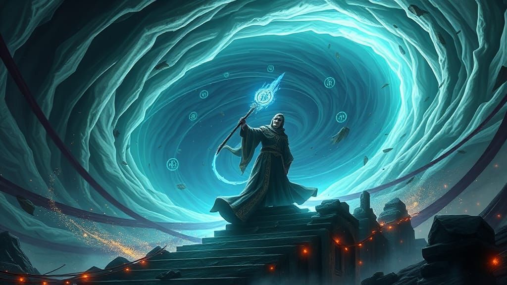 Mage Controlling Tornado with Magical Staff