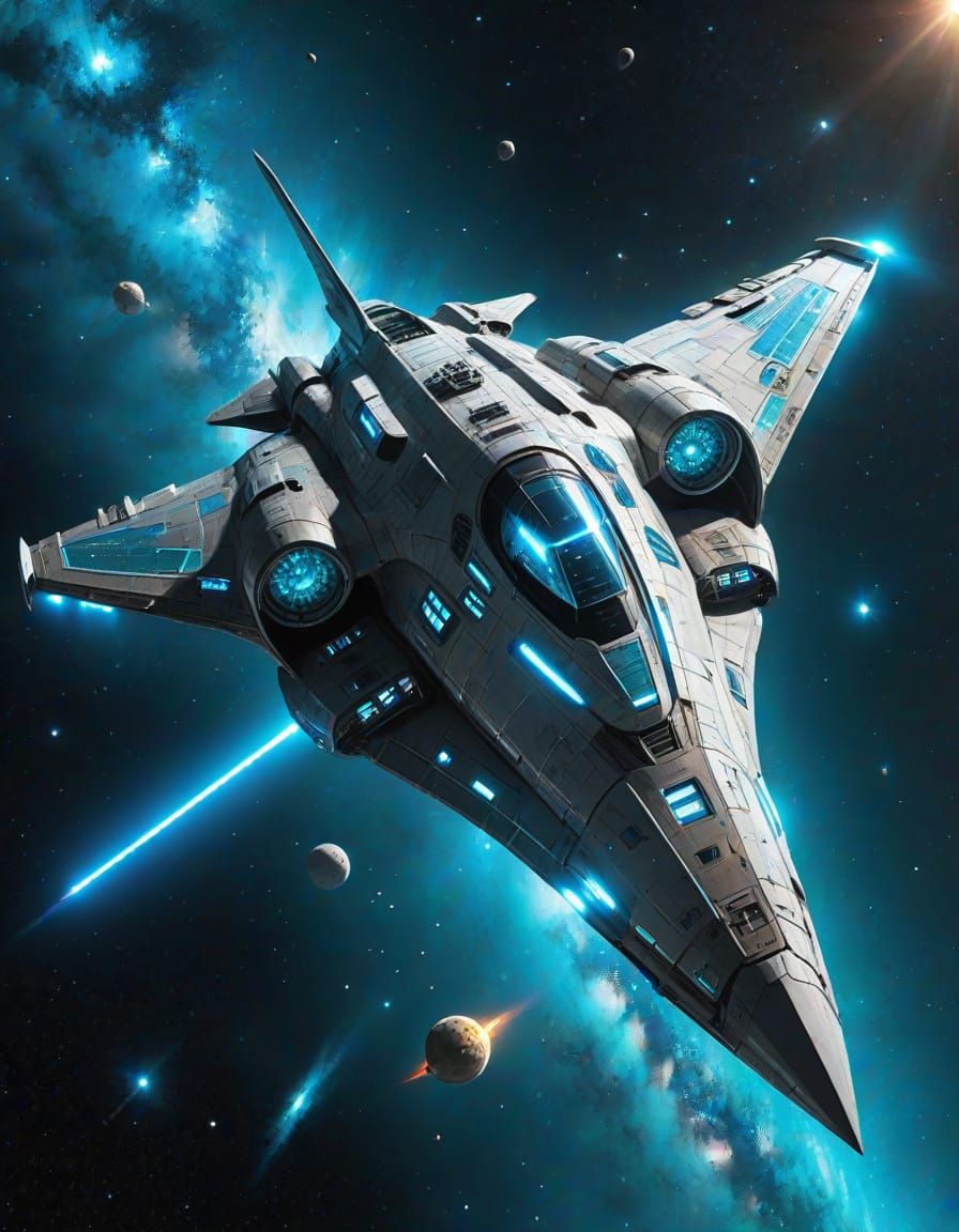 Starship with Silver Etching and Cyan Lights in Cosmic Void