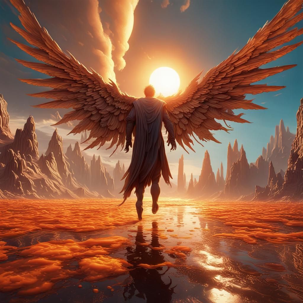 Icarus' Wings Melt in Surreal Sunlit Scene