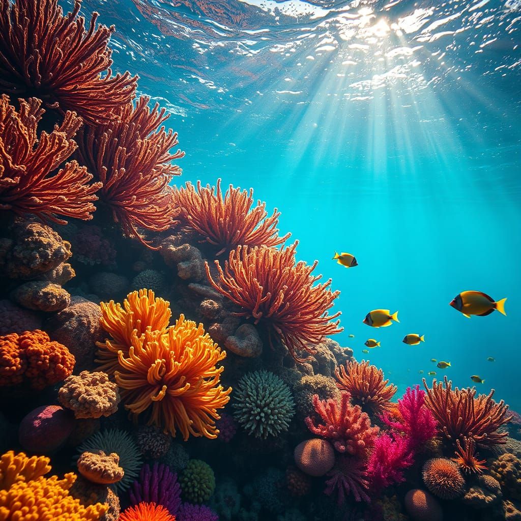 Vibrant Coral Reef Scene in Holographic Style