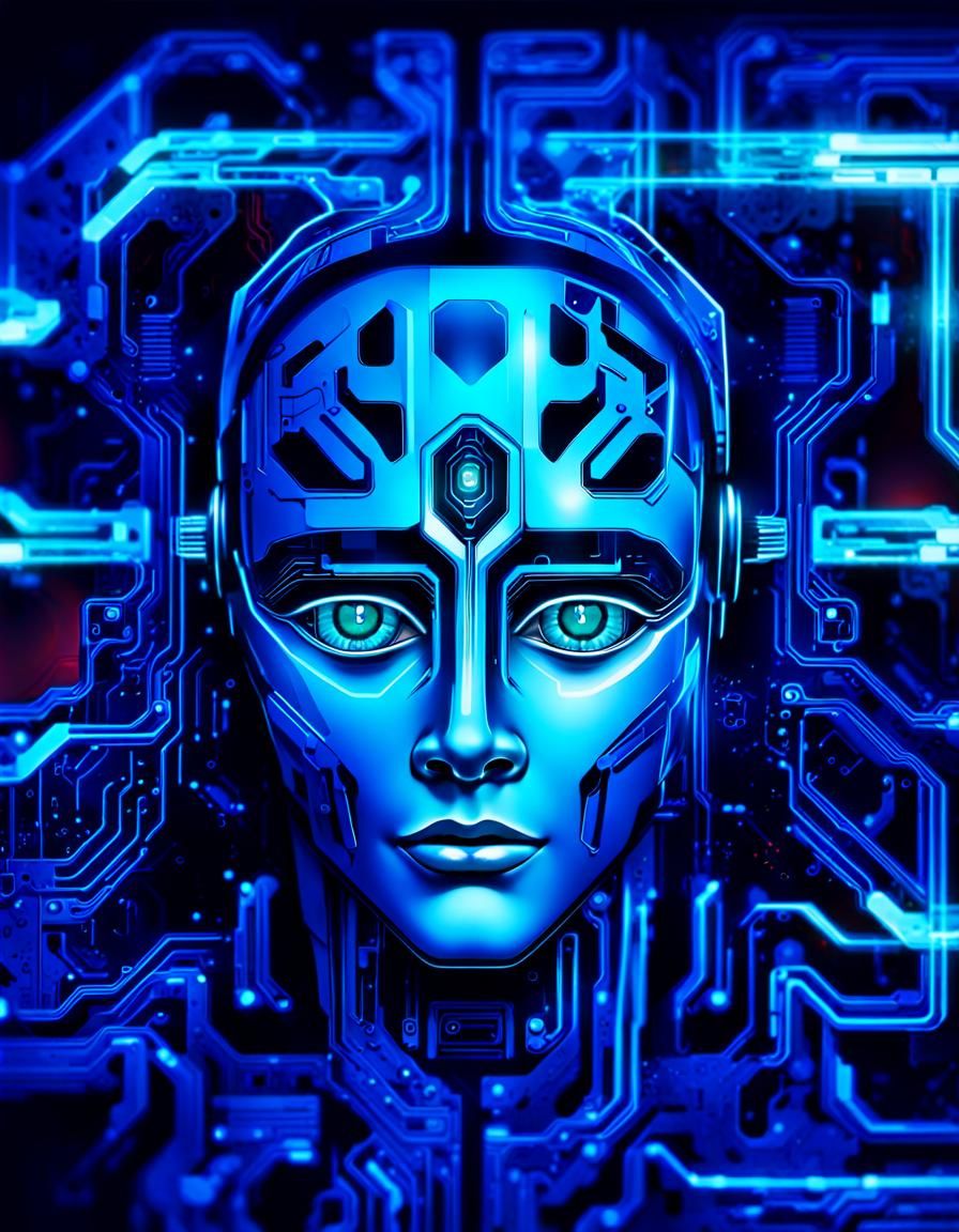 Cyberpunk Circuit Board Face with Neon Reflections