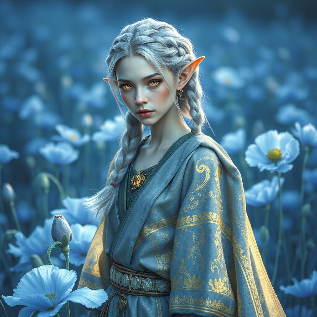 Ethereal Elf in Poppy Field: Art Nouveau Style