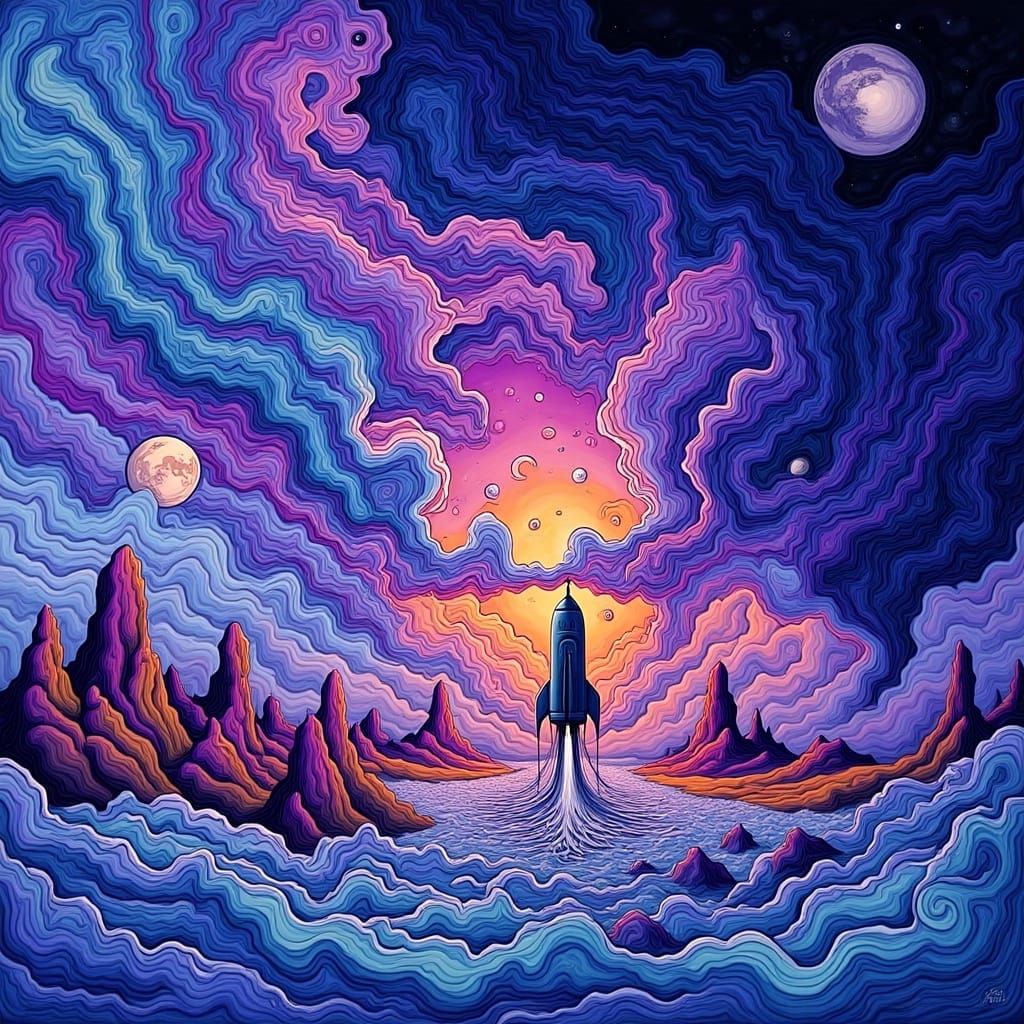 Surreal Moonscape with Rocket in Dreamlike Style