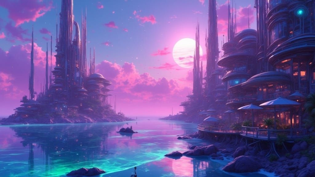 Surreal Futuristic Cityscape by the Ocean in a Neon Synthwav...