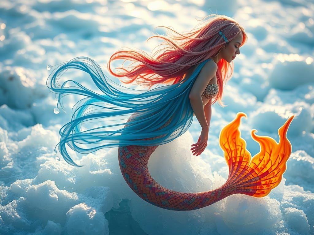 A modern mermaid with a orange tail on ice in various poses