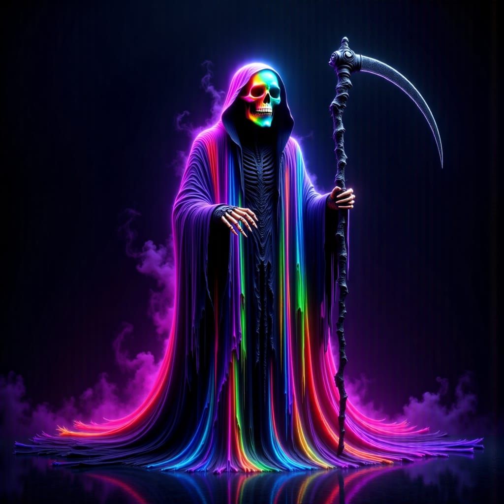 Cyberpunk Reaper in Prismatic Neon Robes with Obsidian Sword