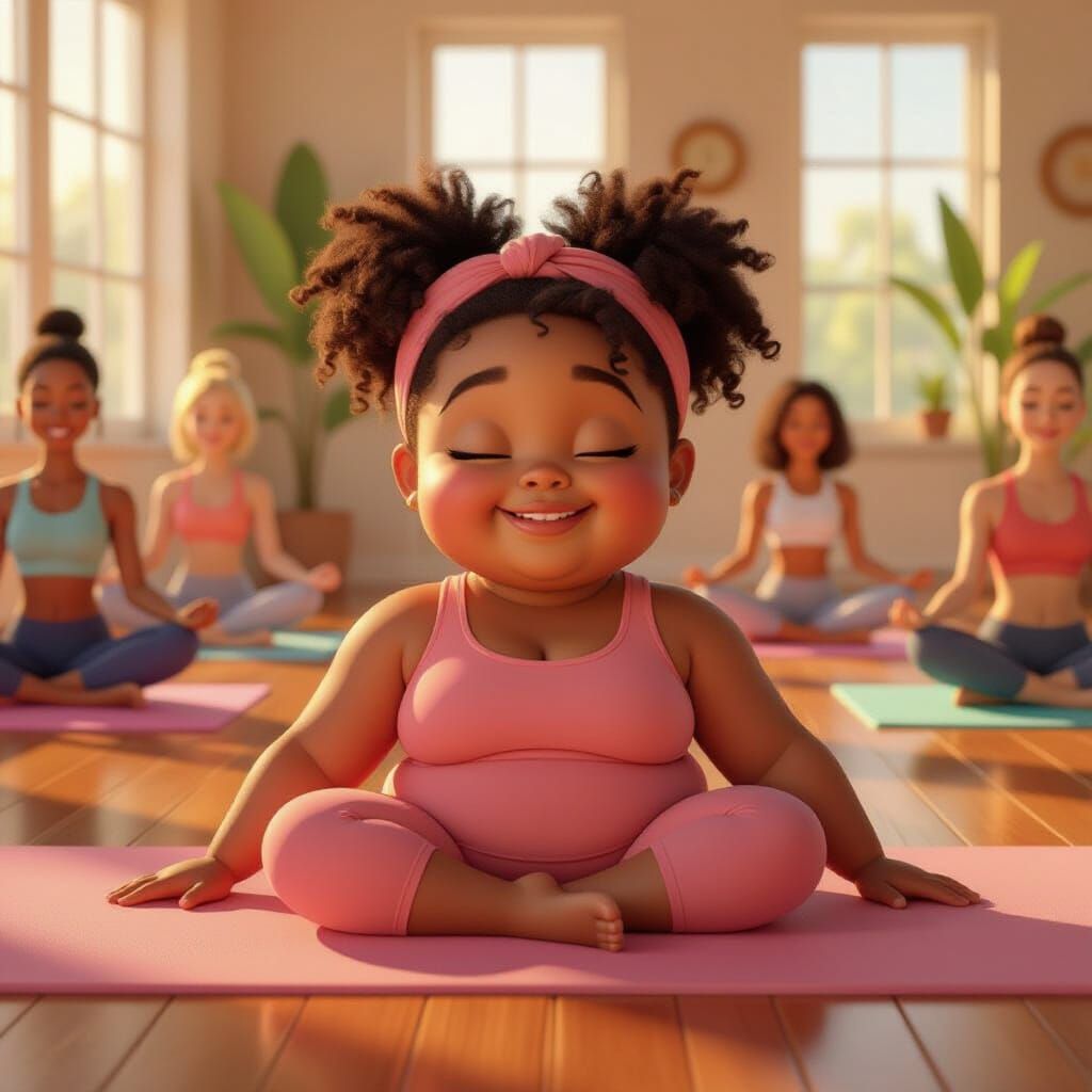 Chubby Girl in Yoga Studio, Stylized Animation Cel