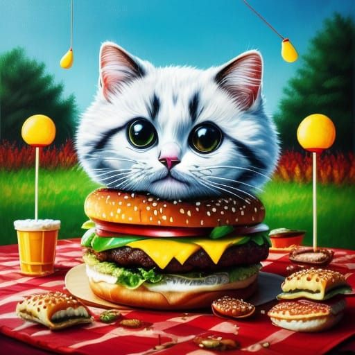 Whimsical Hamburger Cat on Picnic Blanket