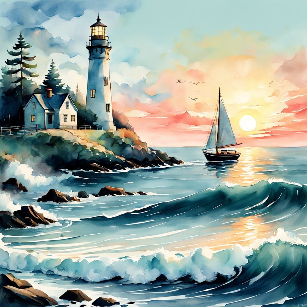 Whimsical Lighthouse Scene in Watercolor Style