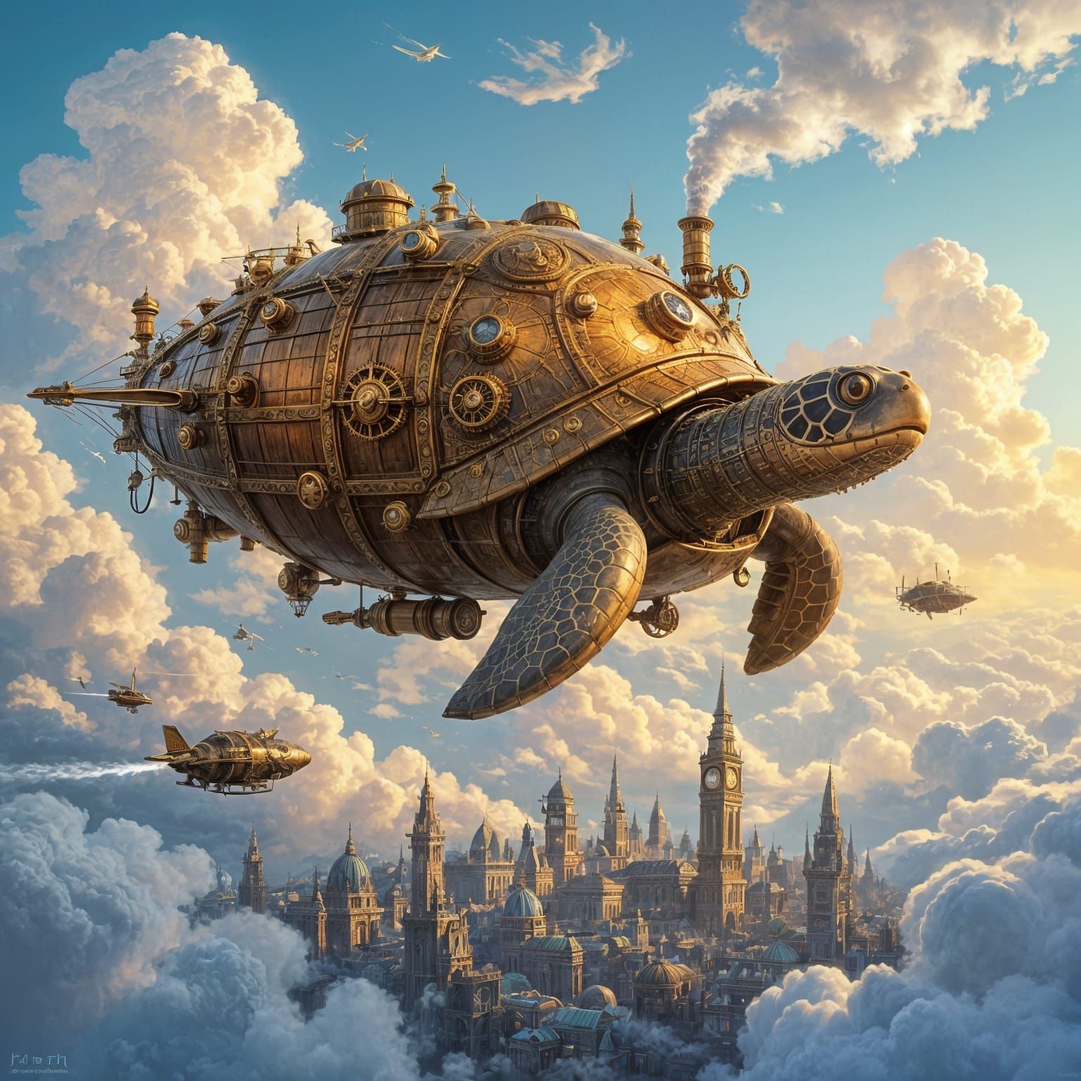 Steampunk Turtle Airship Over Victorian City