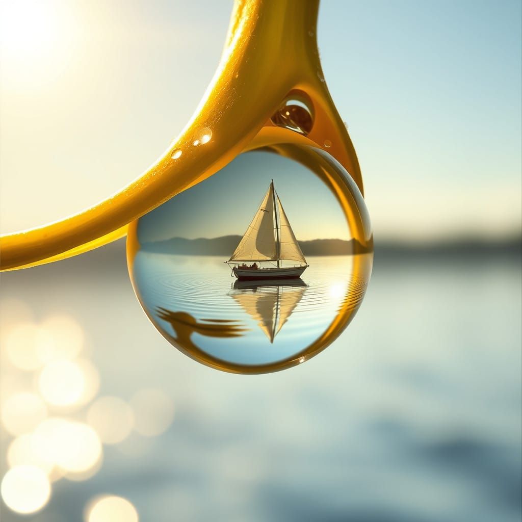 Dewdrop on a Sunlit Leaf, Hyper-Realistic Close-Up