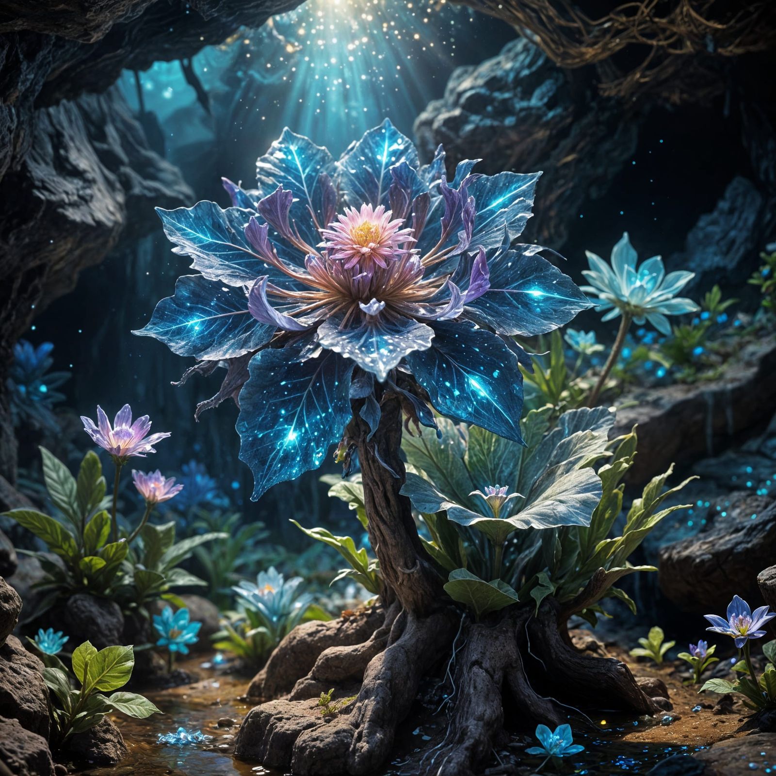 Crystal Mandrake Flower Shimmers in Cave Pond