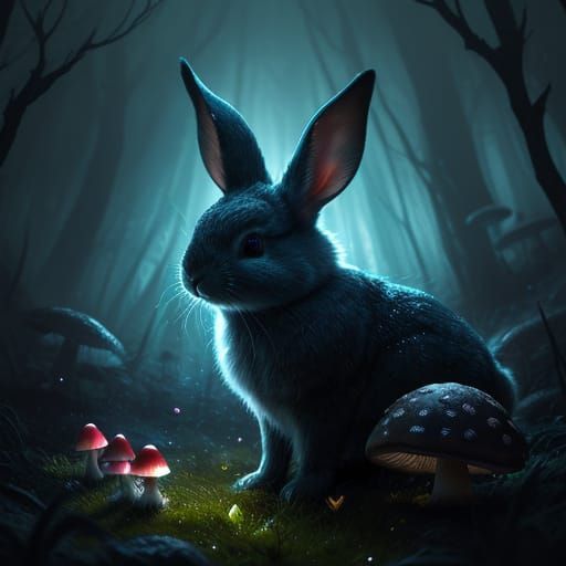 Rabbits Gather Around Glowing Mushroom in Dark Forest