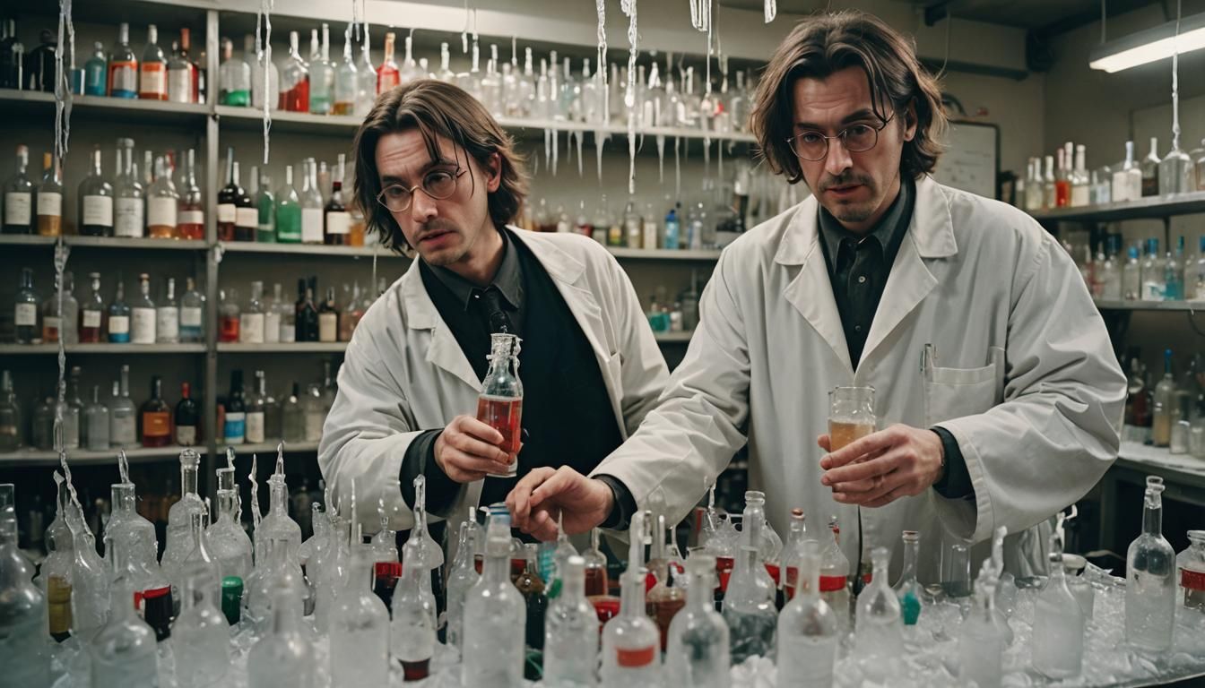 Drunk Chemist in Lab: Cinematic Film Still