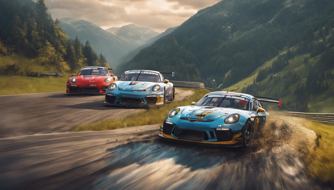 GT3 Race Cars Racing through Mountain Scene in Cartoon Style