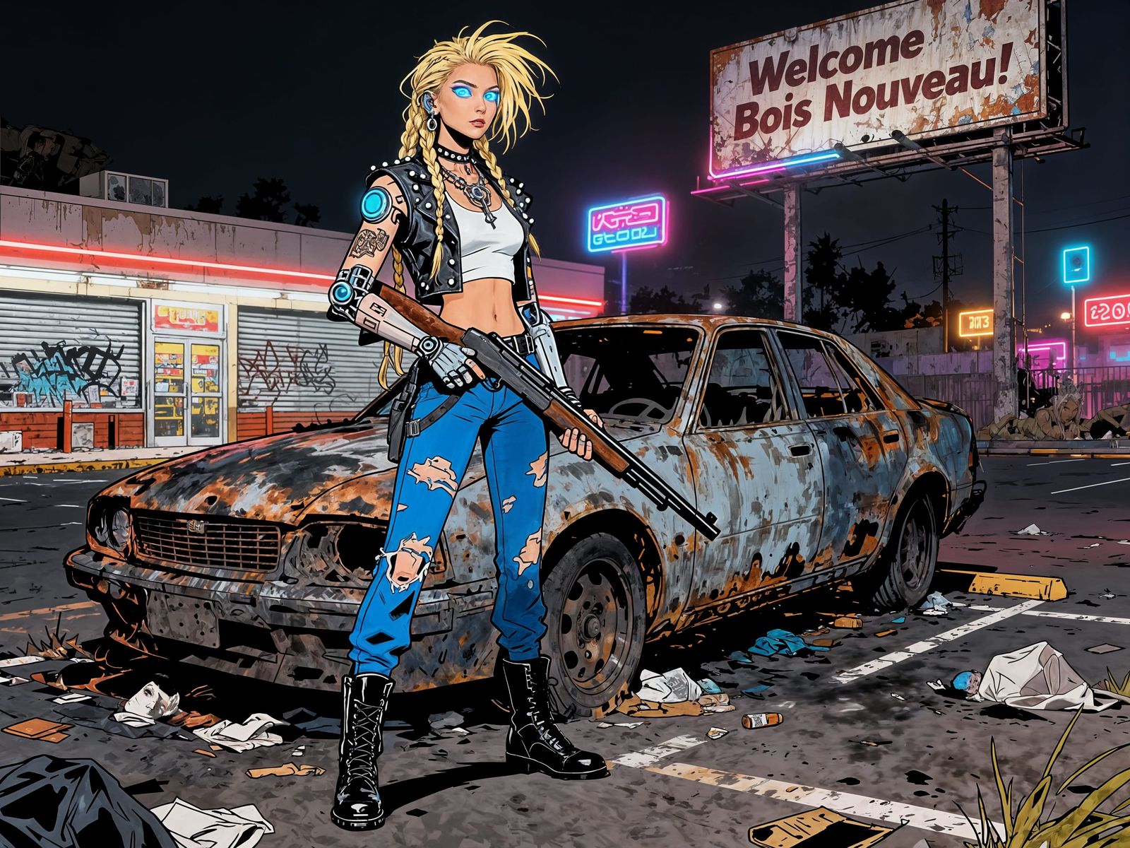 Cyberpunk Woman with Shotgun in Gritty Urban Scene