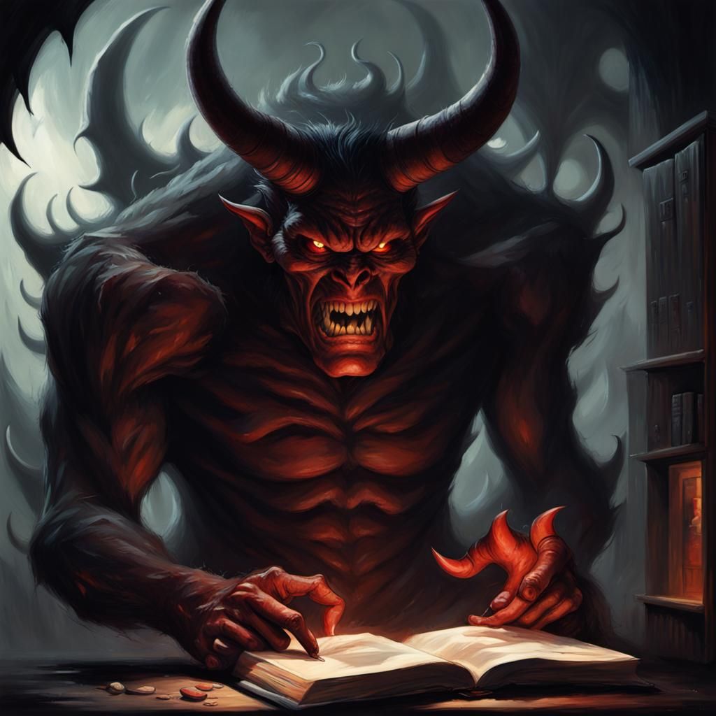 Sinister Demon Reads Book, Fantasy Art Style