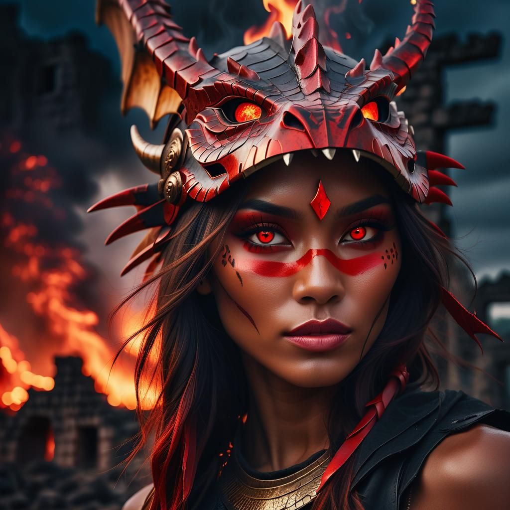 Tribal Woman with Dragon Helmet in Burning Ruins