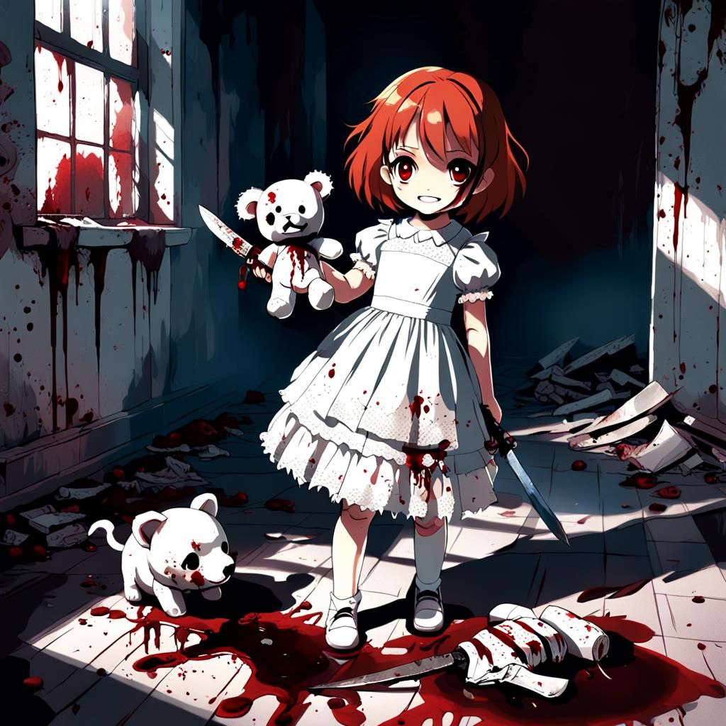 Creepy Anime Girl with Knife in Ruined Room