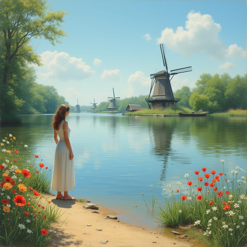 Serene Woman Overlooks Tranquil Shallow Pond in Idyllic Land...