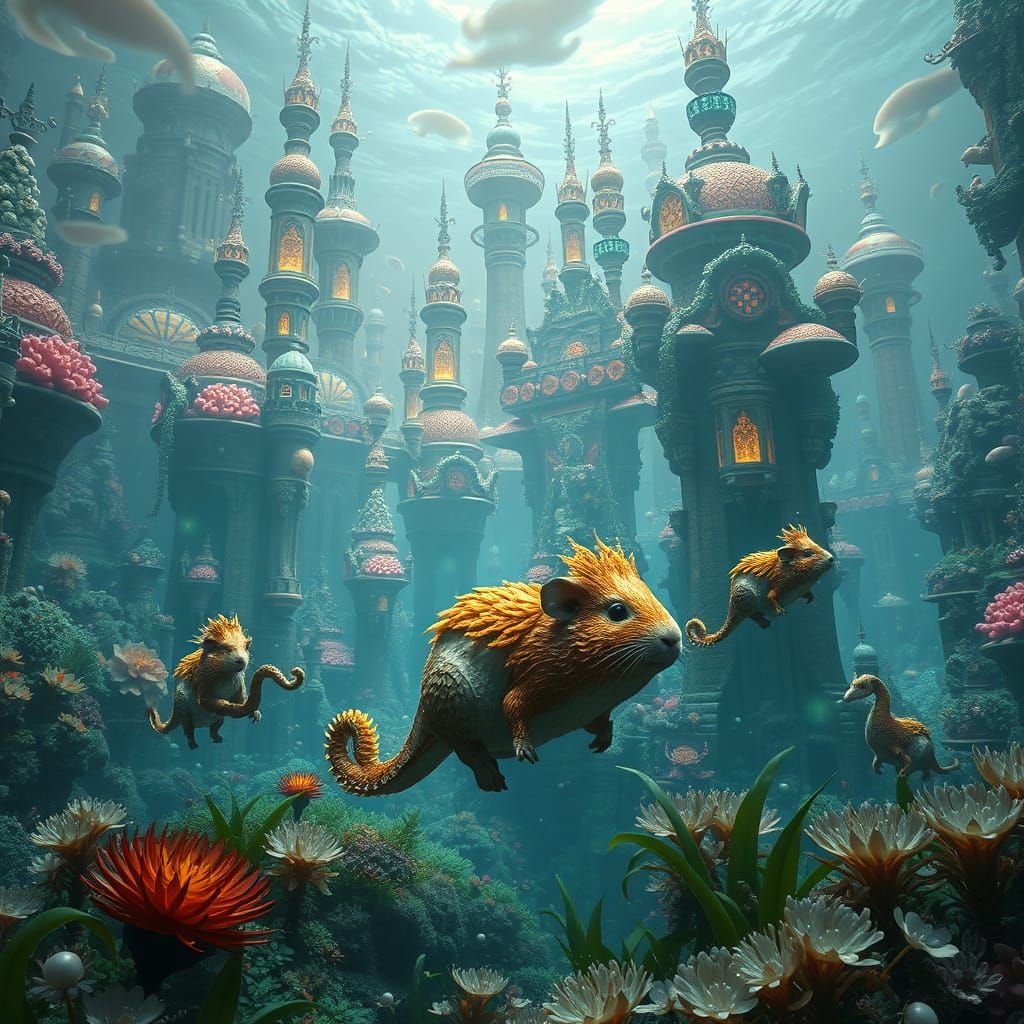 Underwater Guinea Pig City: Bioluminescent Coral Fantasy