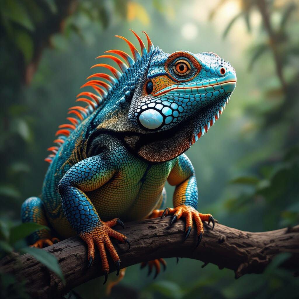 Iguana with Tiger Head on Jungle Branch