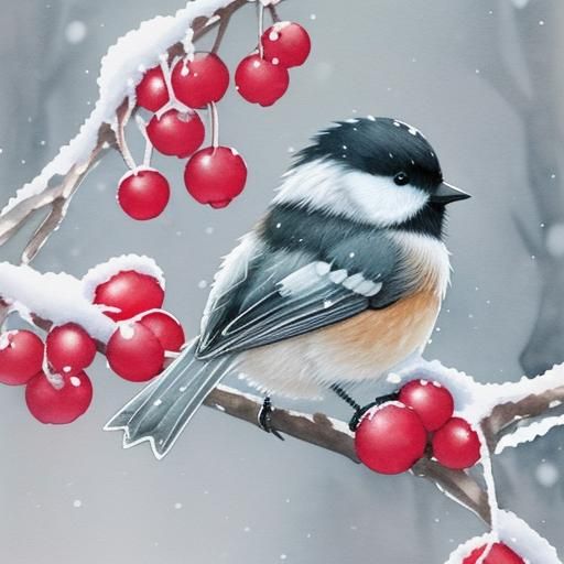 Chickadee on Snowy Branch: Realistic Watercolor Painting