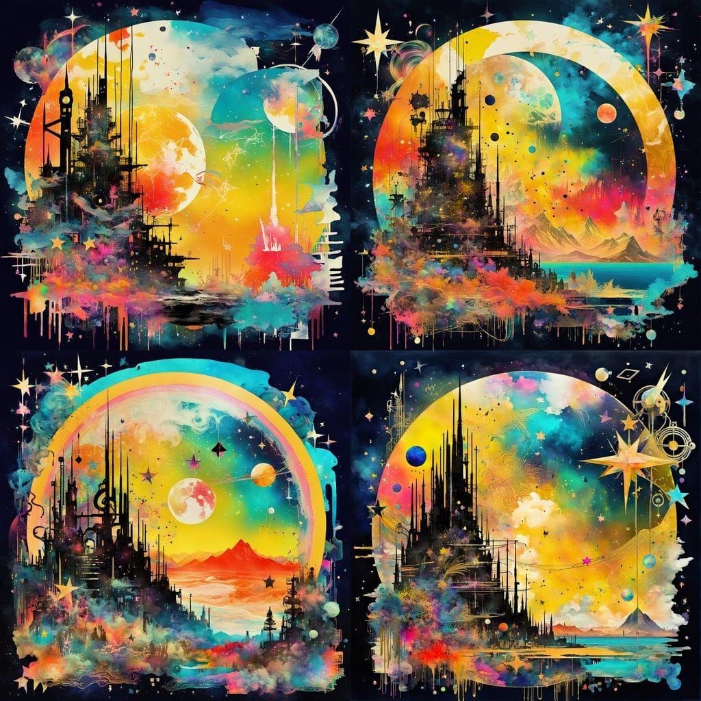 Surreal Celestial Odyssey in Melted Neon Hues